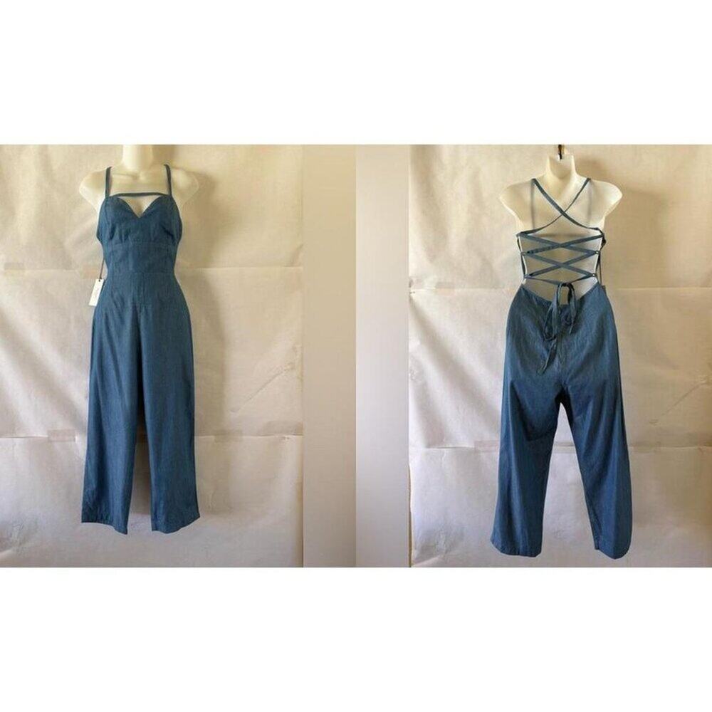 Ali & Jay En Fuego Chambray Denim Jumpsuit Size S Strappy Back Cropped NWT